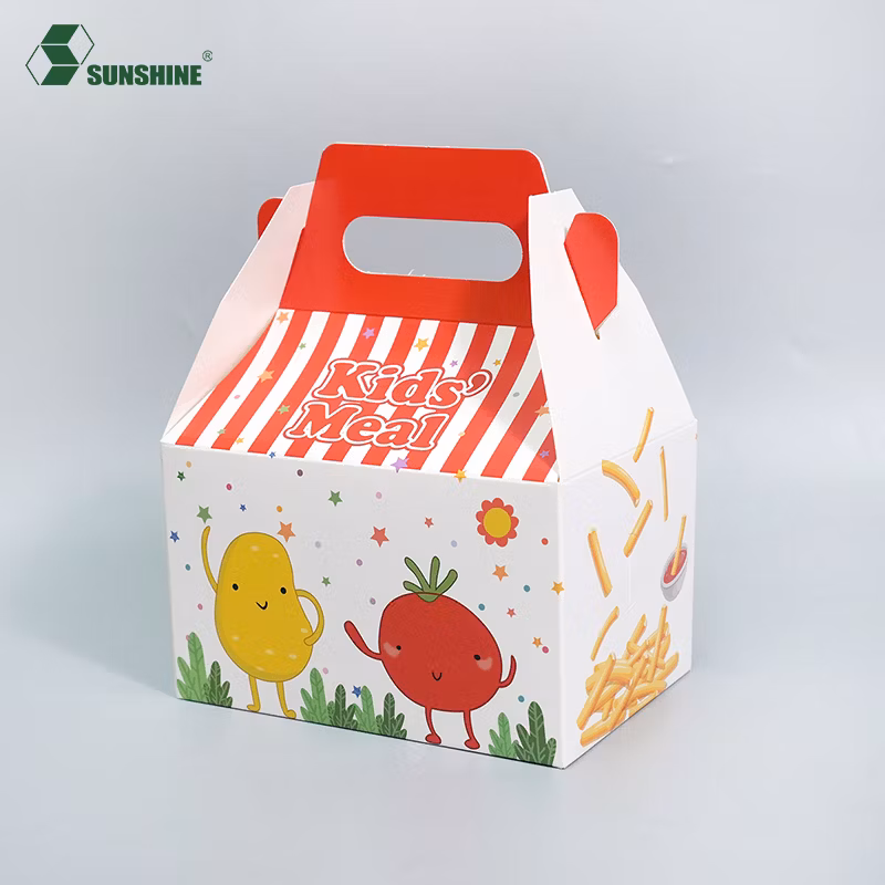 Wholesale Custom Logo Food Grade Kids Meal Takeout Container Candy Pastry Brown Kraft Paper Cookie Cardboard Packaging Boxes with Handle