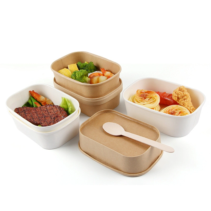 Wholesale Restaurant Take Away Food Rectangle Bowl Disposable Kraft Paper Square Bottom Salad Bowl Lunch Box with Lid