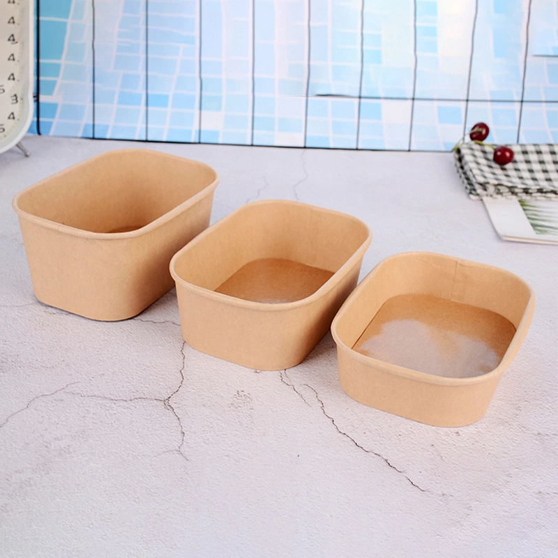 Wholesale Restaurant Take Away Food Rectangle Bowl Disposable Kraft Paper Square Bottom Salad Bowl Lunch Box with Lid