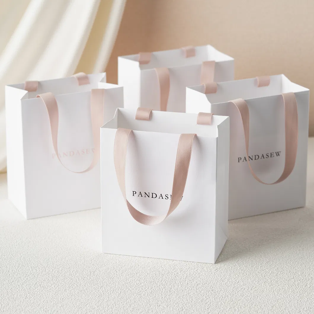 Pandasew Custom Size Logo White Colorful Ribbon Rope Shopping Jewelry Art Cosmetic Handle Gift Kraft Paper Package Bag