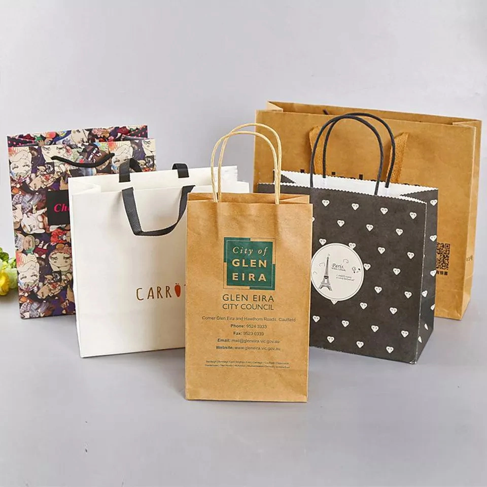 Packaging Size Strong Carry Packing Food Takeaway Bags Retail Handles Print Small Shopping Custom Your Own Logo Kraft Paper Bag