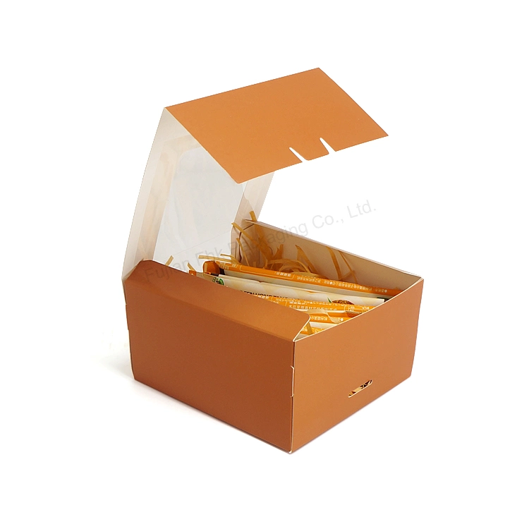 Brown Bakery Cake Packaging Boxes Coated Kraft Card Paper Box with Pet Transparent Window Foldable Take Away Food Packaging