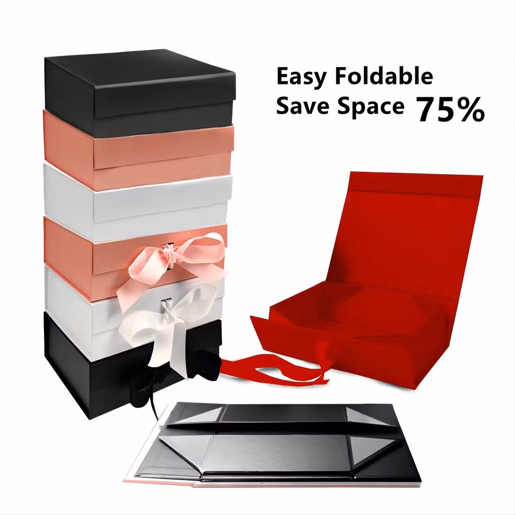 Foldable Rigid Cardboard Cosmetics Makeup Jewelry Clothes Magnetic Paper Gift Packing Box for Watch Wedding Party Christmas Festival Gift Packaging with Ribbon