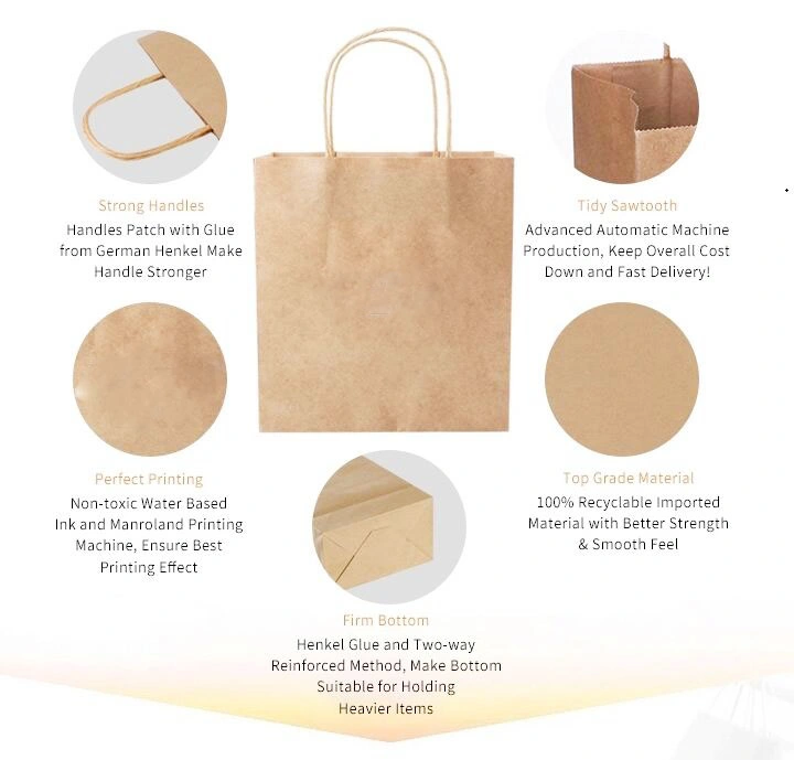 Large Kraft Brown Shopping Paper Bags with Handles for Food Grocery Shopping