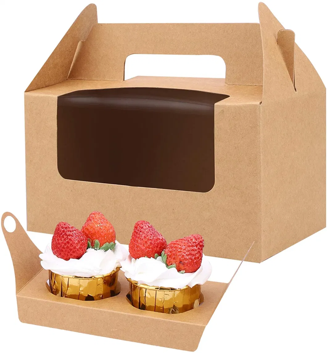 Custom Logo Cupcake Dessert Kraft Paper Packaging Bakery Chocolate Cake Gift Box with Handle