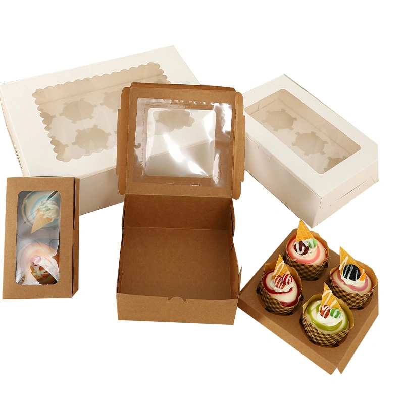 Custom Printed 2 4 6 12 Holes Wedding Christmas Cookie Baking Packaging Single Mini Kraft Paper Cupcake Cake Boxes with Window