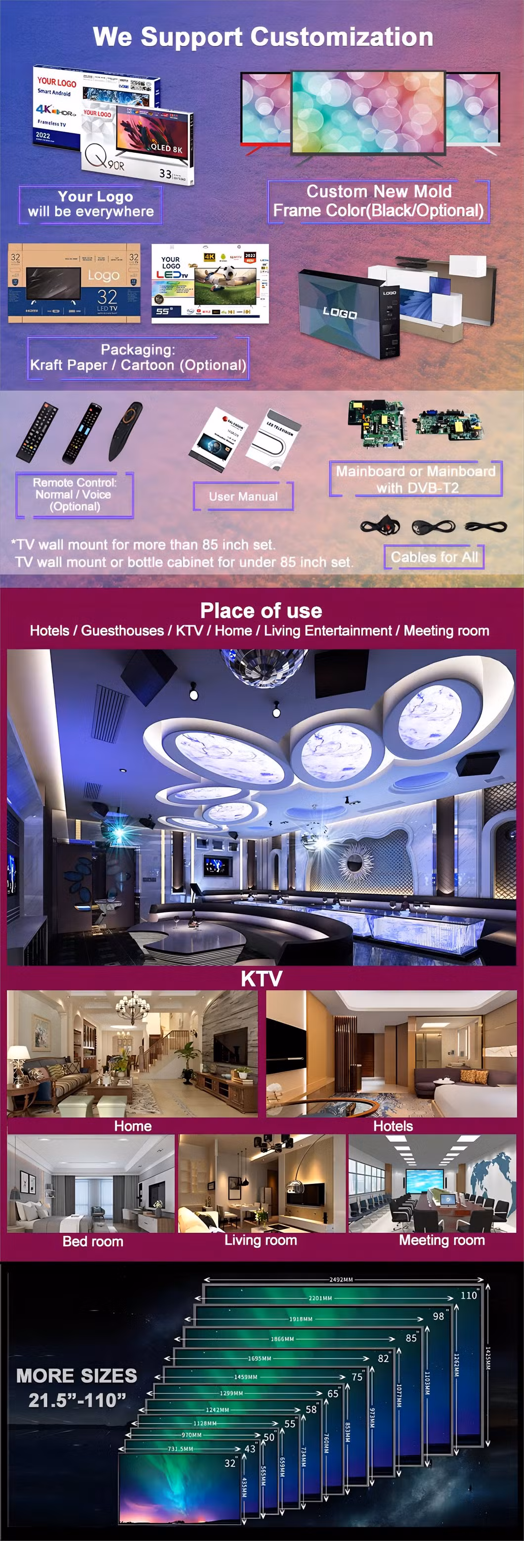 55 Inch Hot Sale European Market Best Seller LED TV Television 4K Frameless Smart TV with CE RoHS Certificate