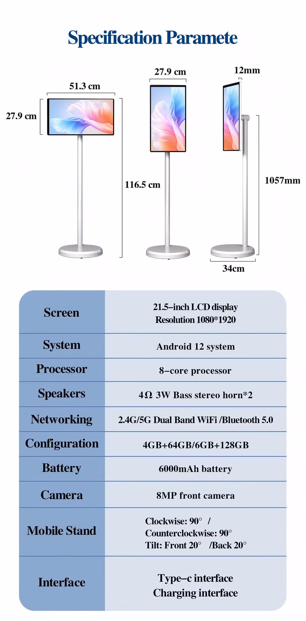 21.5 Inch HD Android Smart TV Touch Screen Wireless Monitor Interactive Touch LCD TV with Built-in Battery Moveable Stand