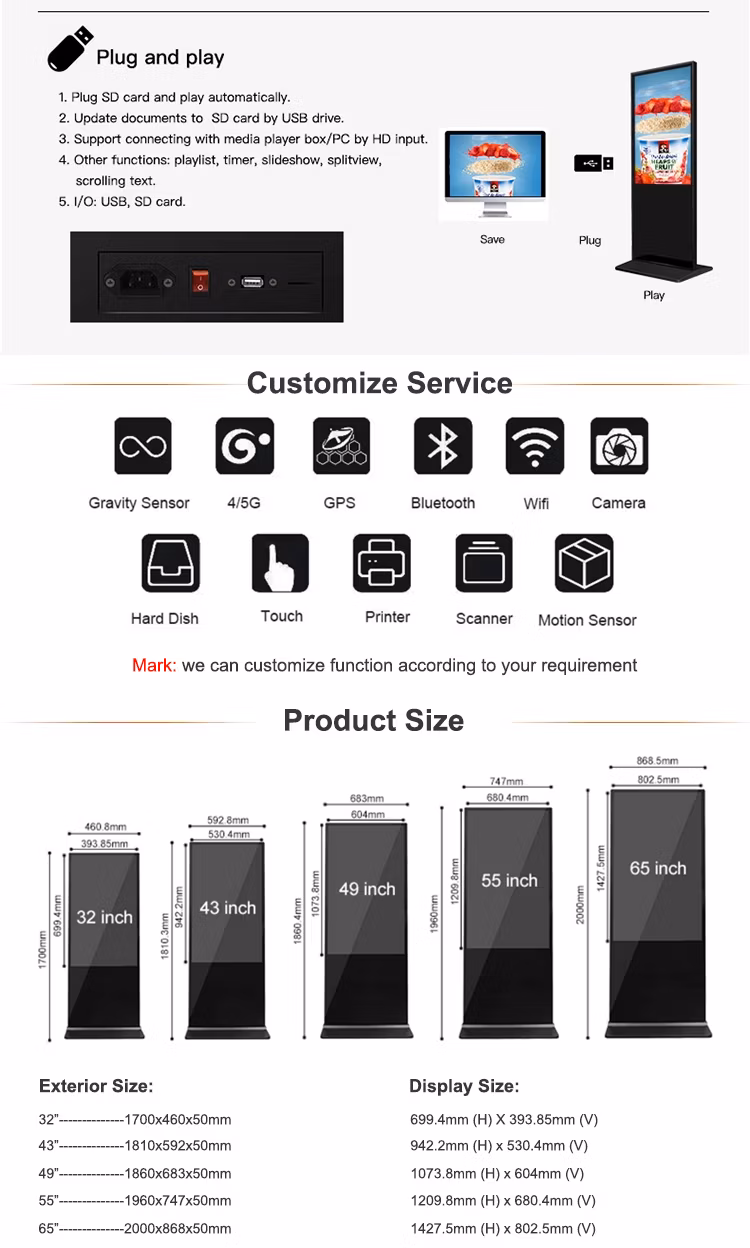 32′′ 43′′ 55′′ 65′′ Indoor WiFi Android System Digital Signage LCD Advertising Screen