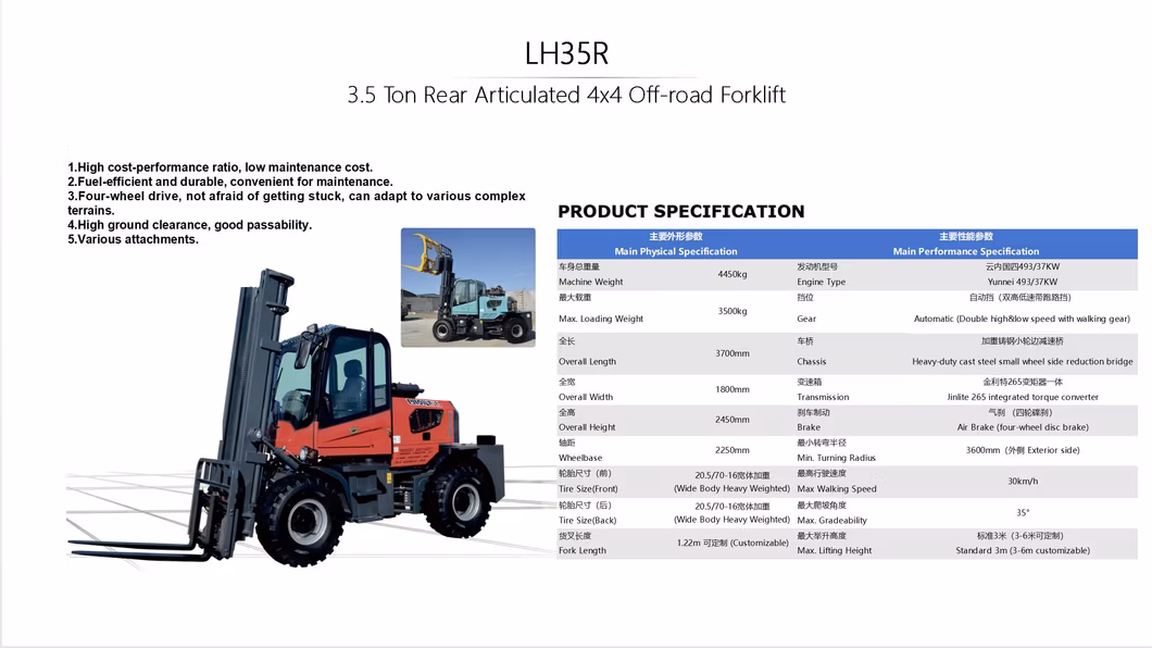 4X4 off-Road Rough Terrain Forklift Trucks 4.5 Tonne Front/Rear Articulated CE Euro V EPA Engine Multifunctional Industrial Forklift Trucks, Customisable