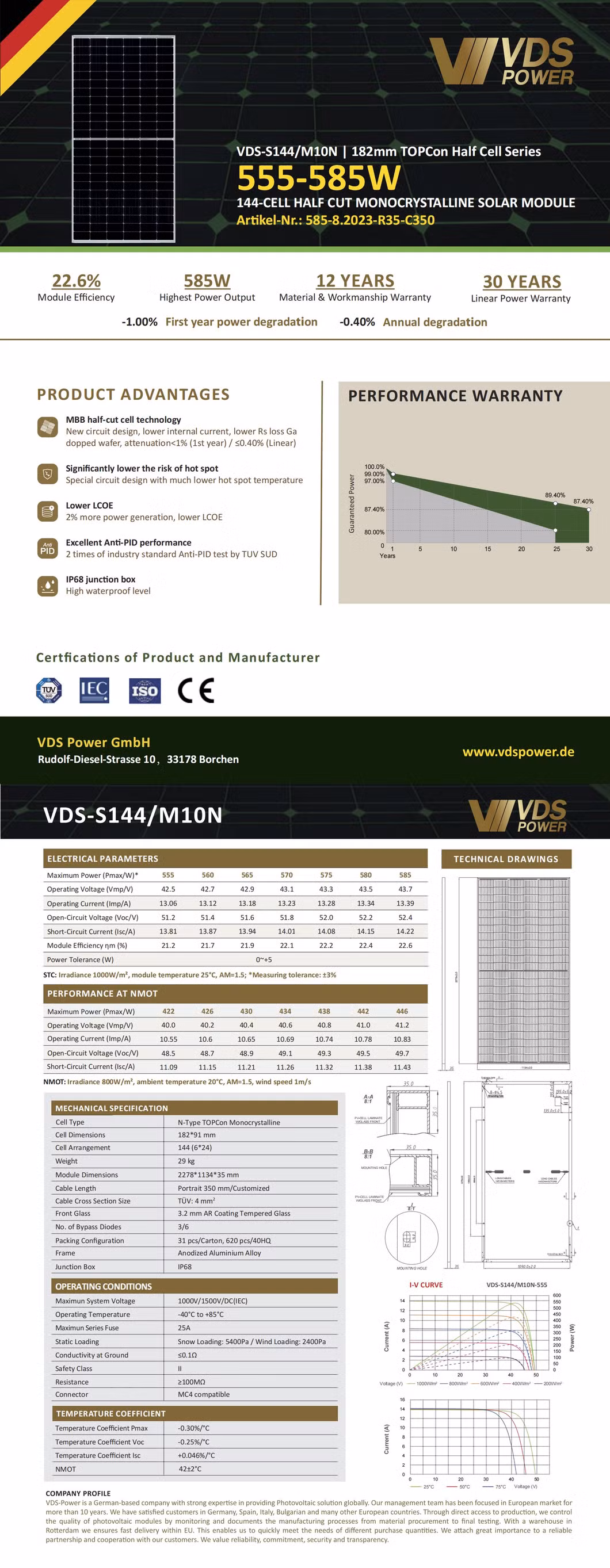 Vds 555-585W N-Type Solar Panels Standard Frame