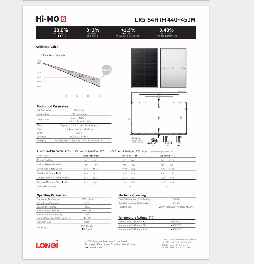 Longi Hi-Mo6 440W445W450W Solar Panel Black Frame for Home Use