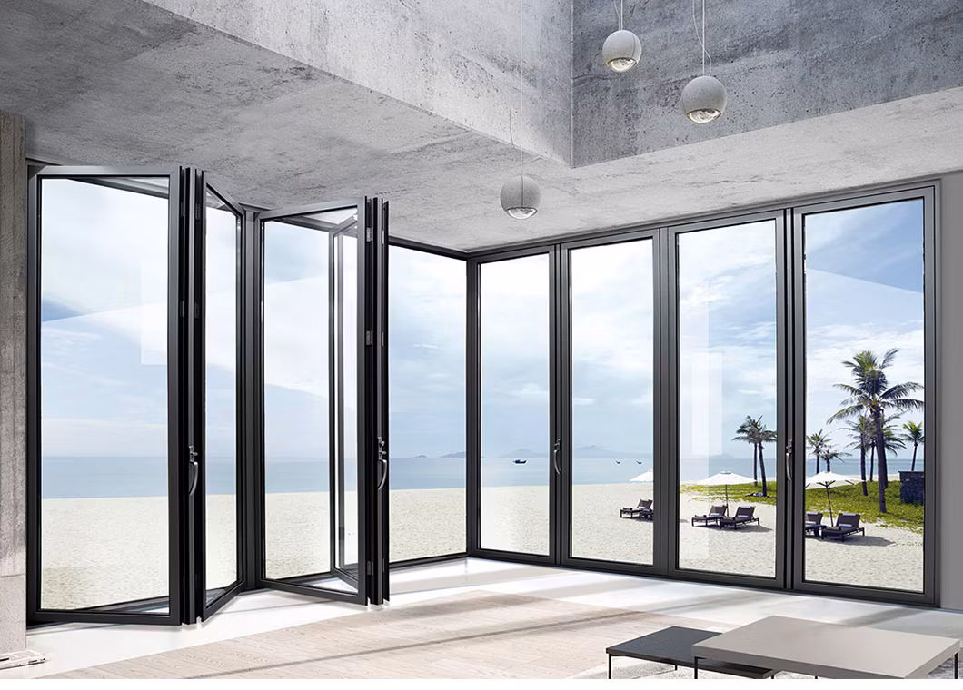 Modern House Exterior Kitchen Patio Aluminium Metal Profile Hurricane Impact Double Glazed Glass Accordion Sliding Bifold Folding Windows and Doors