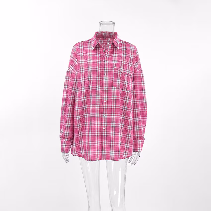 2024 Spring and Summer Casual Fashion Loose New Pink Plaid Outer Shirt for Women