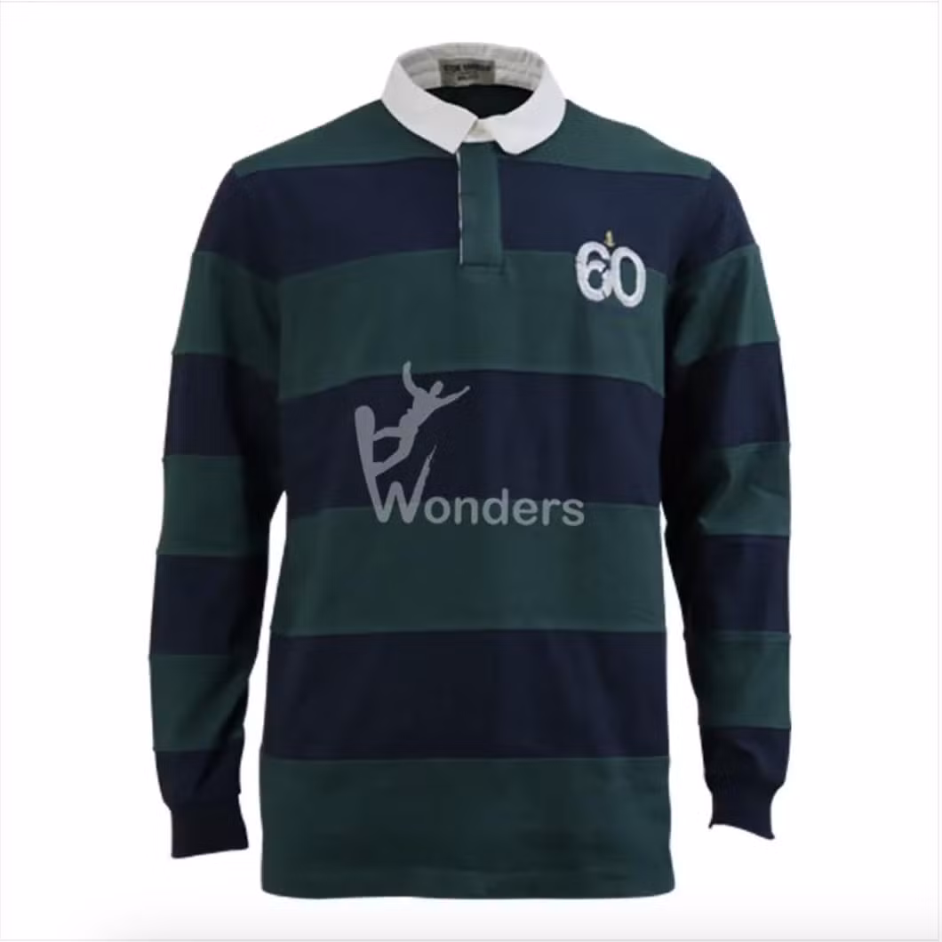 Men′s Long Sleeve Polo Royal and Green Striped Rugby Shirt