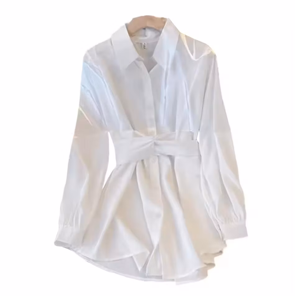 Women Long Sleeve Button Waist Strap Solid Color France Style Turn Down Collar Blouse Women′s Shirt