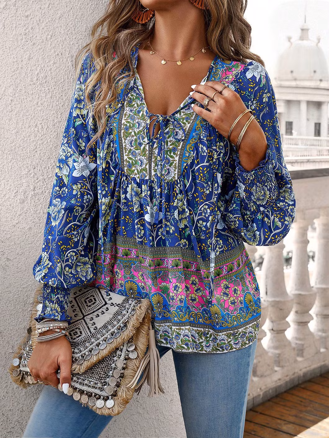 Commuter Casual Vacation V-Neck Tie Printed Shirt Sunscreen Long Sleeve Top