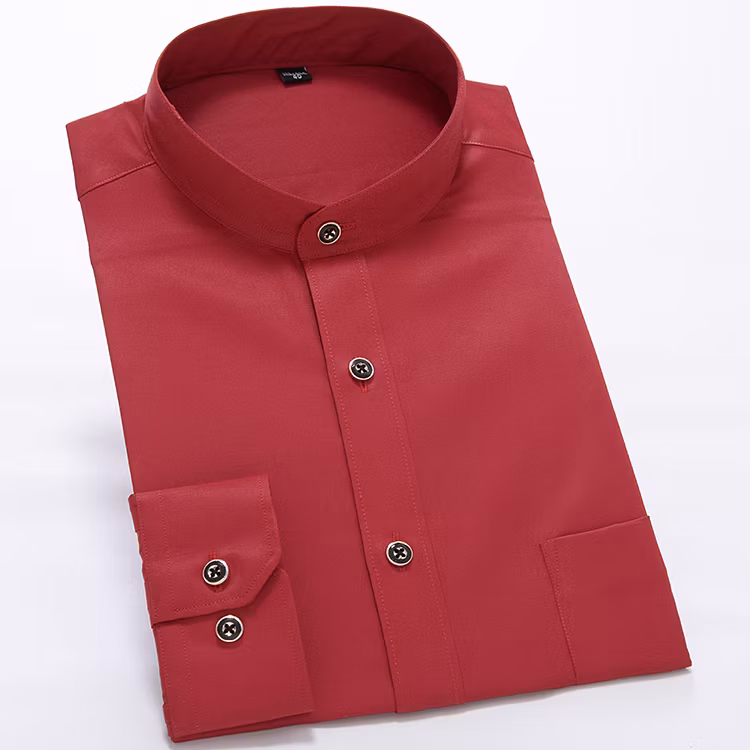 Customize Design Solid Colors Long Sleeve Shirts Mandarin Collar 100% Cotton Black Mens Shirt