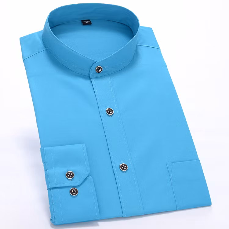 Customize Design Solid Colors Long Sleeve Shirts Mandarin Collar 100% Cotton Black Mens Shirt