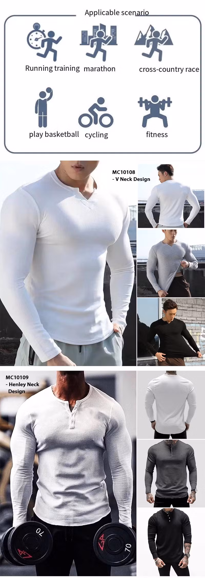 OEM Slim Fit Long Sleeve Henley Neck Workout Shirts with Buttons Closure Soft Sports Pullover Base Layer Gym Training Sweatshirts