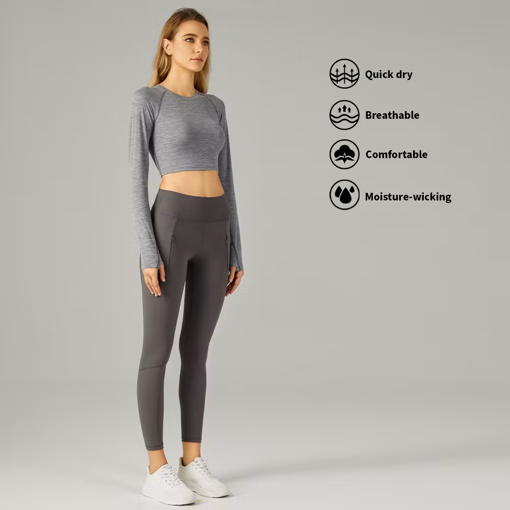 OEM Outdoor Long Sleeve Yoga Crop Tops Breathable Athletic Running Top Slim Fit Workout Shirts with Thumb Hole for Women