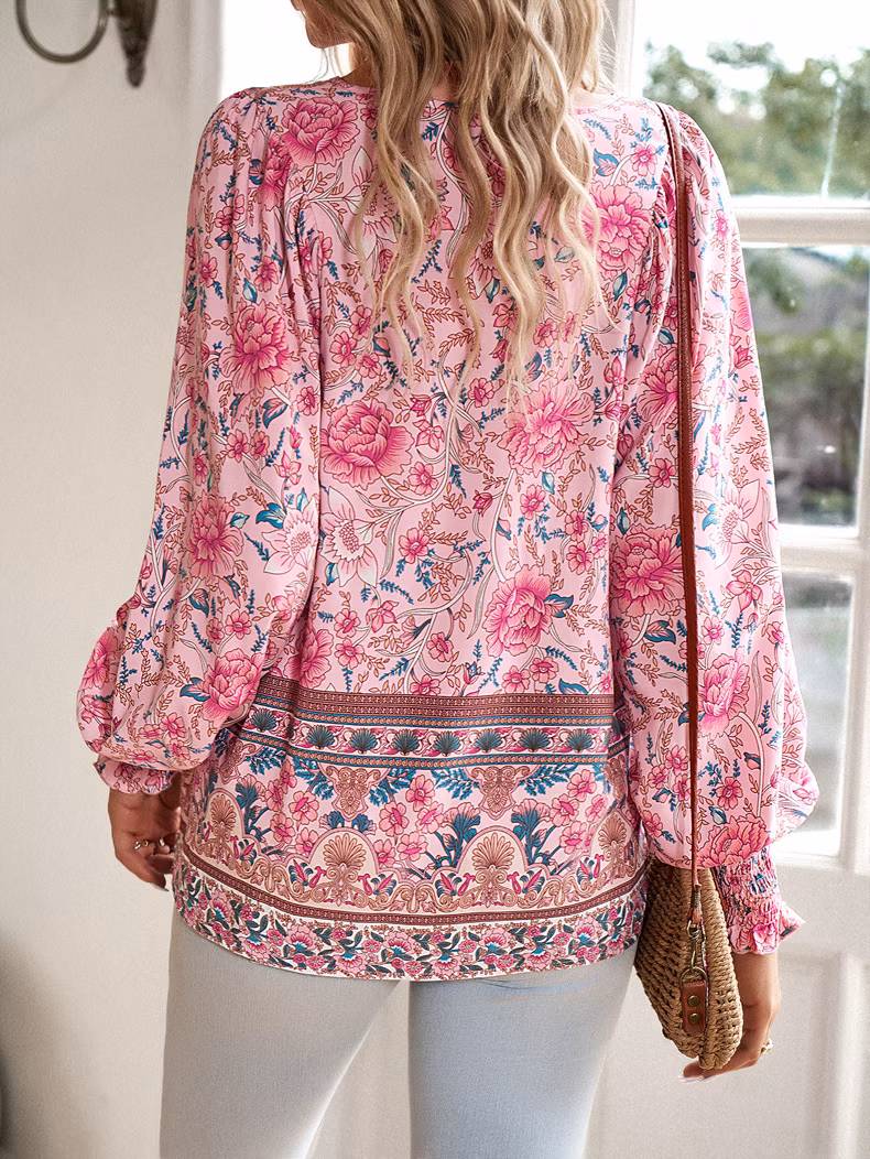 Commuter Casual Vacation V-Neck Tie Printed Shirt Sunscreen Long Sleeve Top