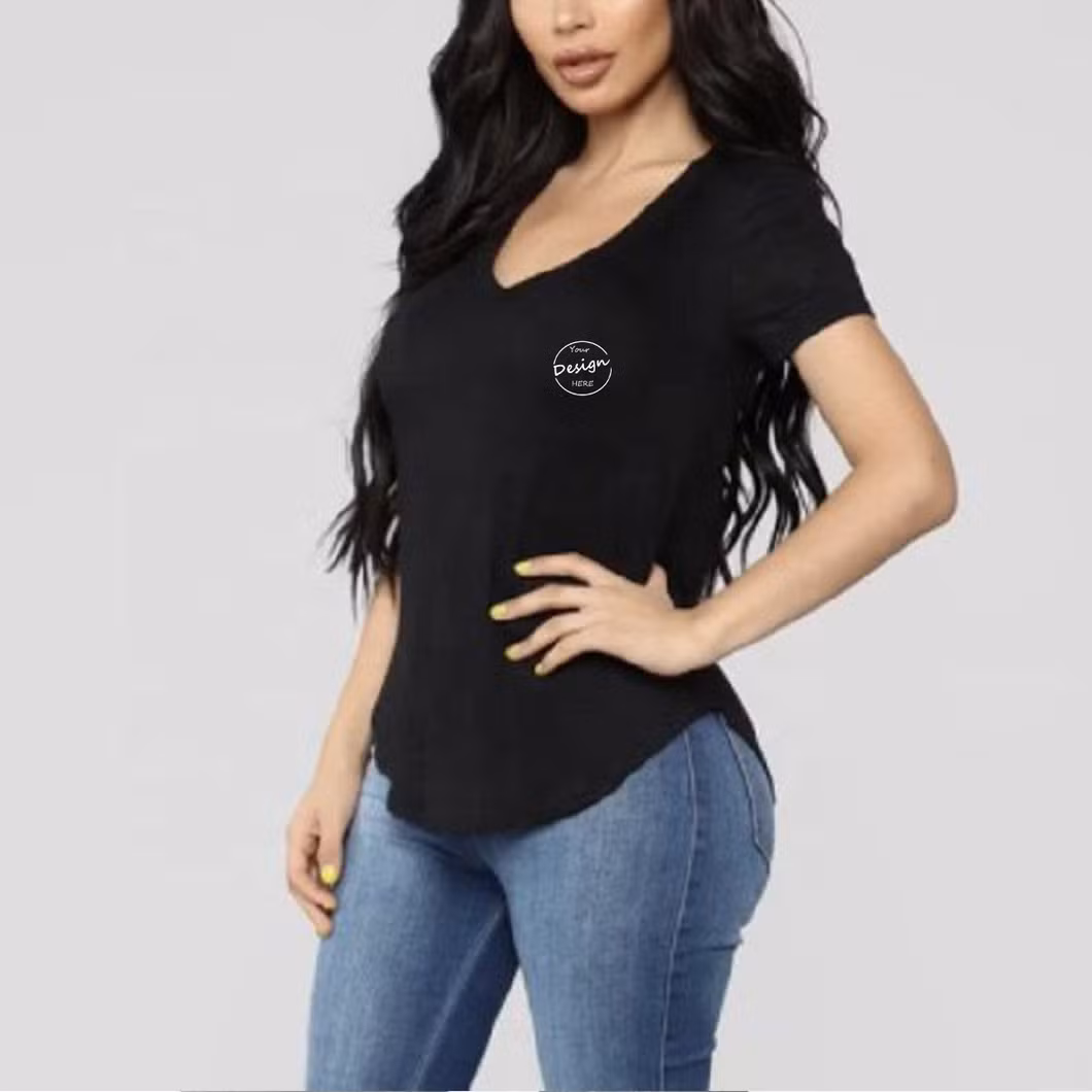 Wholesale Lightweight Deep V-Neck Curve Hem Style Casual Pocket Sports Women Girl′s T-Shirts Custom Logo