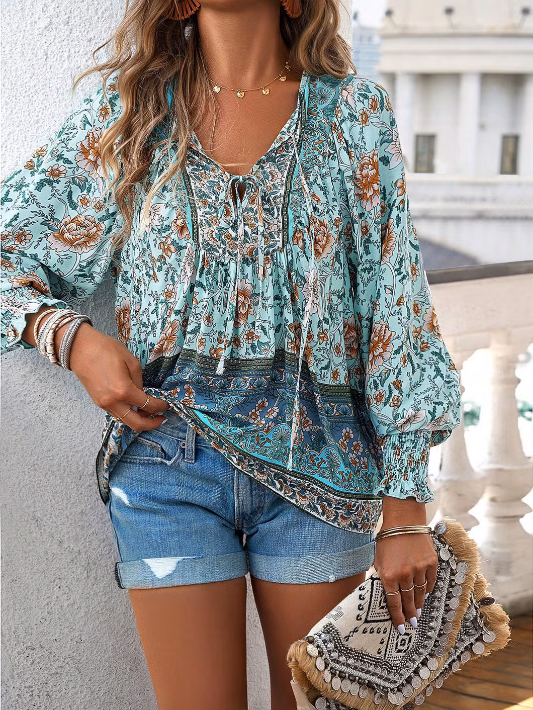 Commuter Casual Vacation V-Neck Tie Printed Shirt Sunscreen Long Sleeve Top