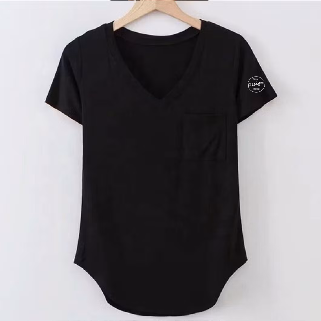 Wholesale Lightweight Deep V-Neck Curve Hem Style Casual Pocket Sports Women Girl′s T-Shirts Custom Logo