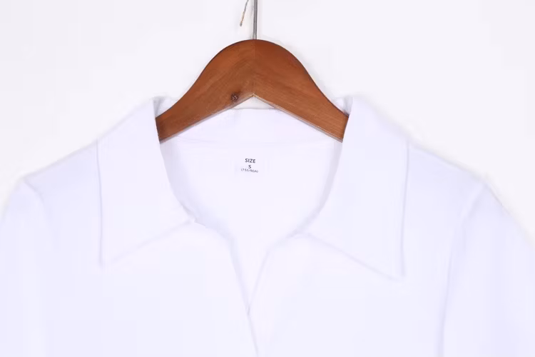 New Designs Widely Used Solid Color Women′s T-Shirts Long Polo Neck Curved Hem Short Sleeve