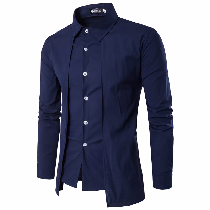 Men′s Solid-Color Fake Two-Piece Double Placket Long Sleeve Shirt