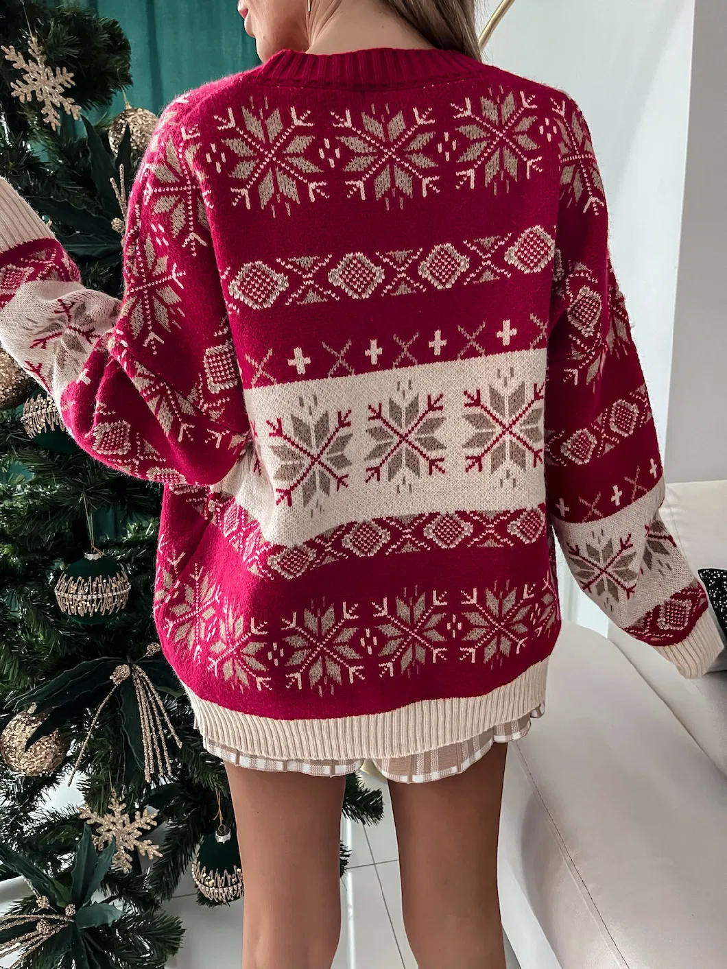 Dear-Lover Winter Wholesale Designer Women Clothing Ladies Garment Knitted Snowflake Geometric Pattern Christmas Sweater