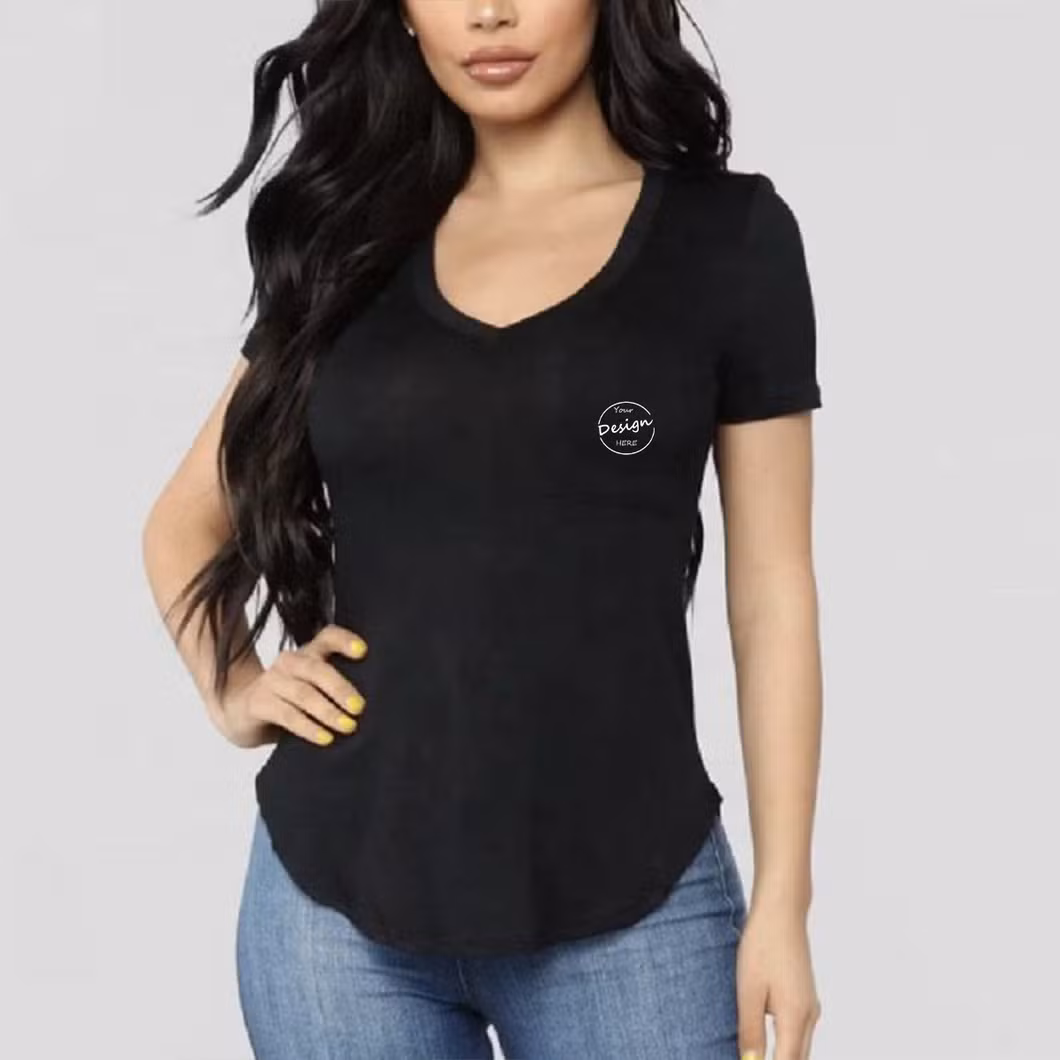 Wholesale Lightweight Deep V-Neck Curve Hem Style Casual Pocket Sports Women Girl′s T-Shirts Custom Logo