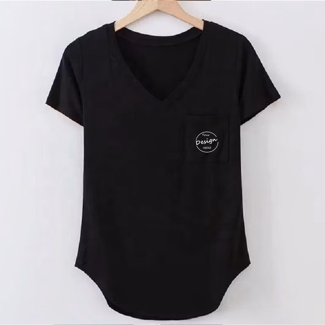 Wholesale Lightweight Deep V-Neck Curve Hem Style Casual Pocket Sports Women Girl′s T-Shirts Custom Logo