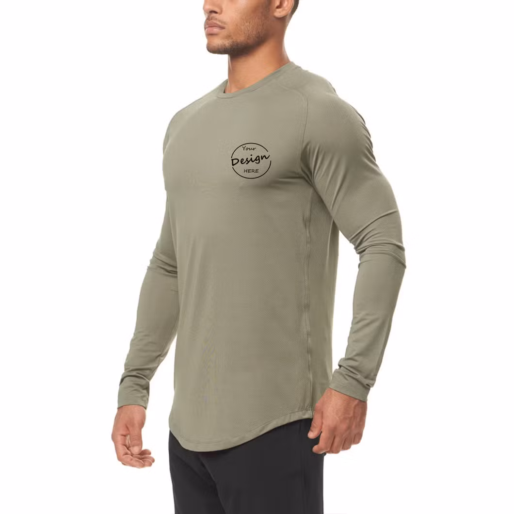 Customize Outdoor Workout Wear Slim Fit Curve Hem Top Gym Sports Long Sleeve Jogging Track Top Men Gym Shirt
