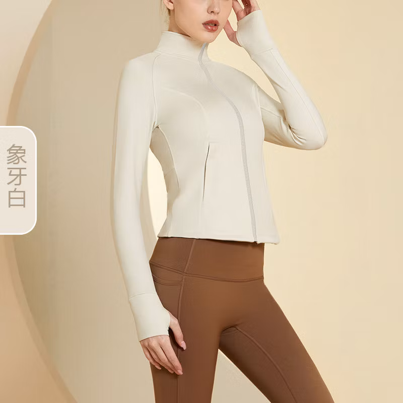 Autumn and Winter Plus Velvet Stand-up Collar Sports Coat Outdoor Women′s Long-Sleeved Zipper Tight Running Fitness Yoga Clothes Top