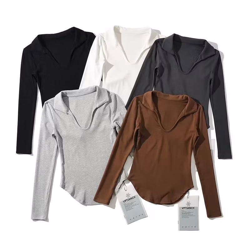 Latest 2022 Personalized Fashion Summer Workout Sports Women′ S Lapel Long Sleeve Tee Shirt Slim Fit Cropped Top T Shirt