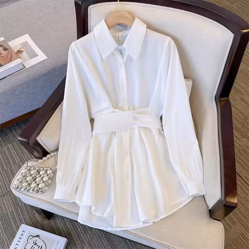 Women Long Sleeve Button Waist Strap Solid Color France Style Turn Down Collar Blouse Women′s Shirt
