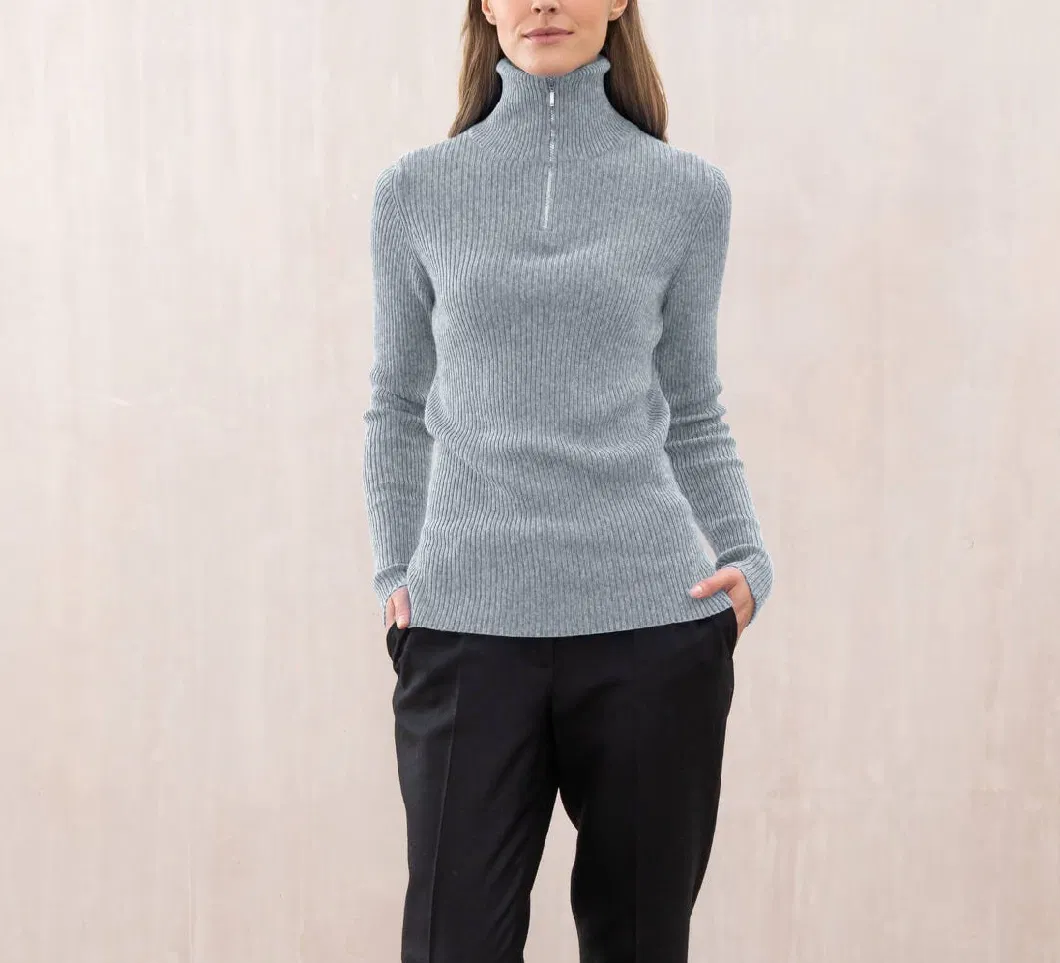 Women&prime;s Skinny Zip Neck Rib Cashmere Sweater