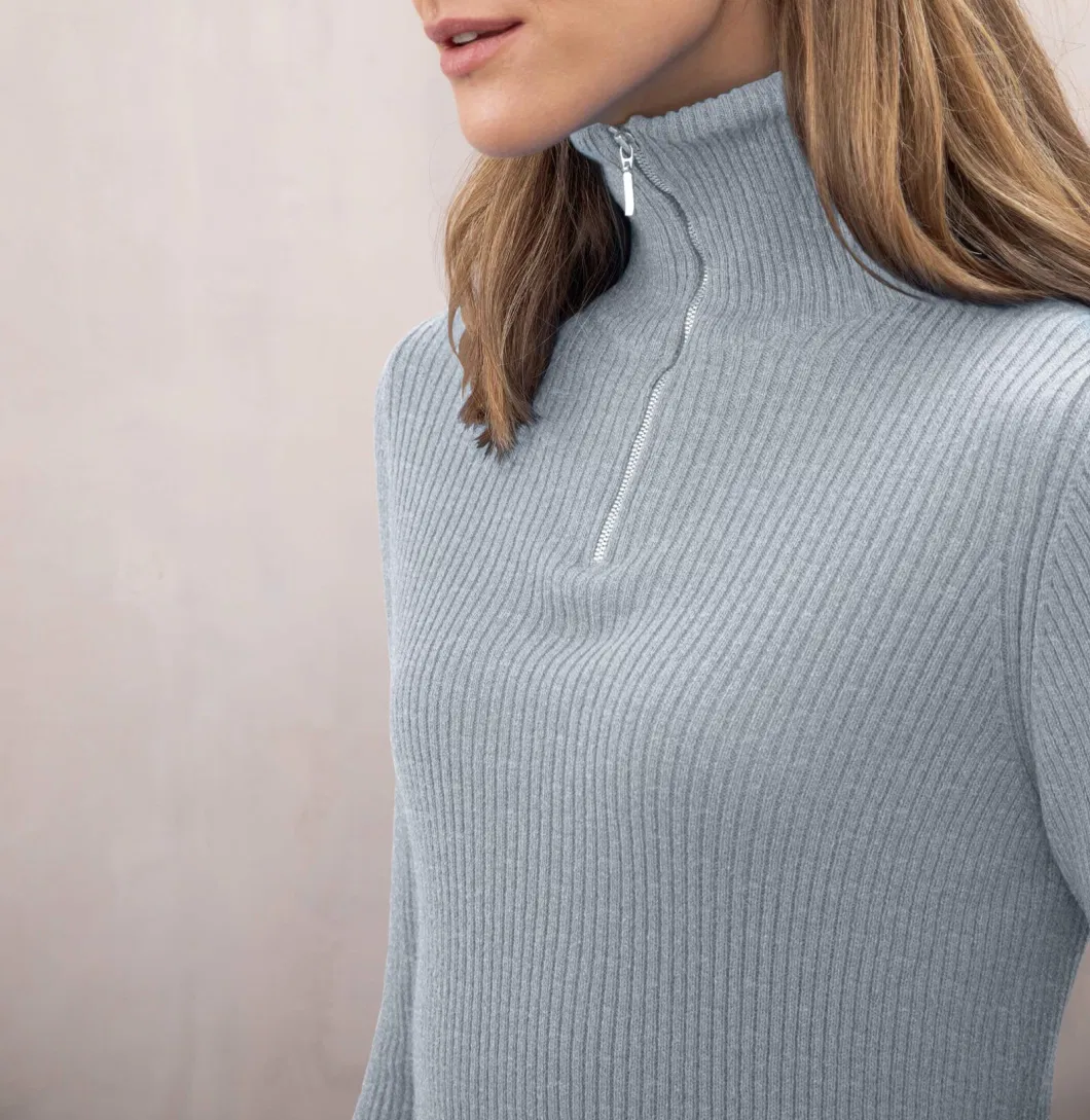 Women&prime;s Skinny Zip Neck Rib Cashmere Sweater