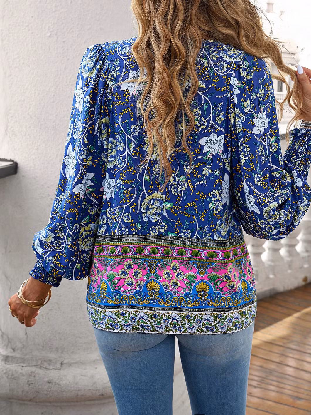 Commuter Casual Vacation V-Neck Tie Printed Shirt Sunscreen Long Sleeve Top