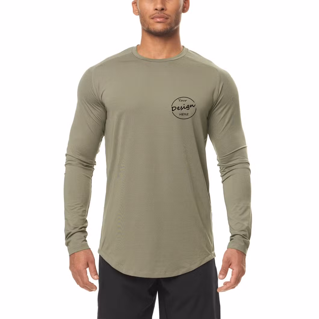 Customize Outdoor Workout Wear Slim Fit Curve Hem Top Gym Sports Long Sleeve Jogging Track Top Men Gym Shirt