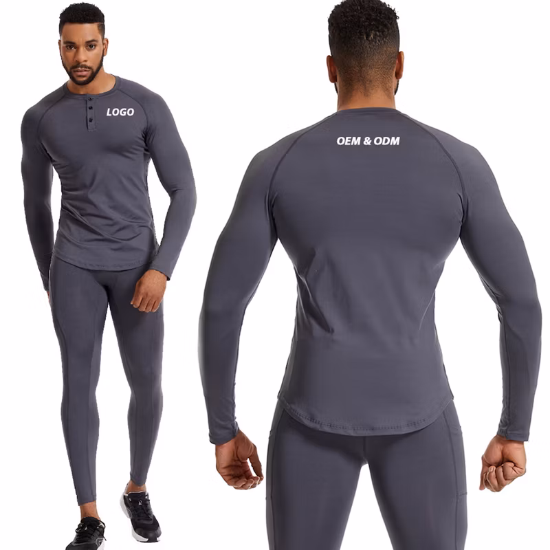 OEM Slim Fit Long Sleeve Henley Neck Workout Shirts with Buttons Closure Soft Sports Pullover Base Layer Gym Training Sweatshirts