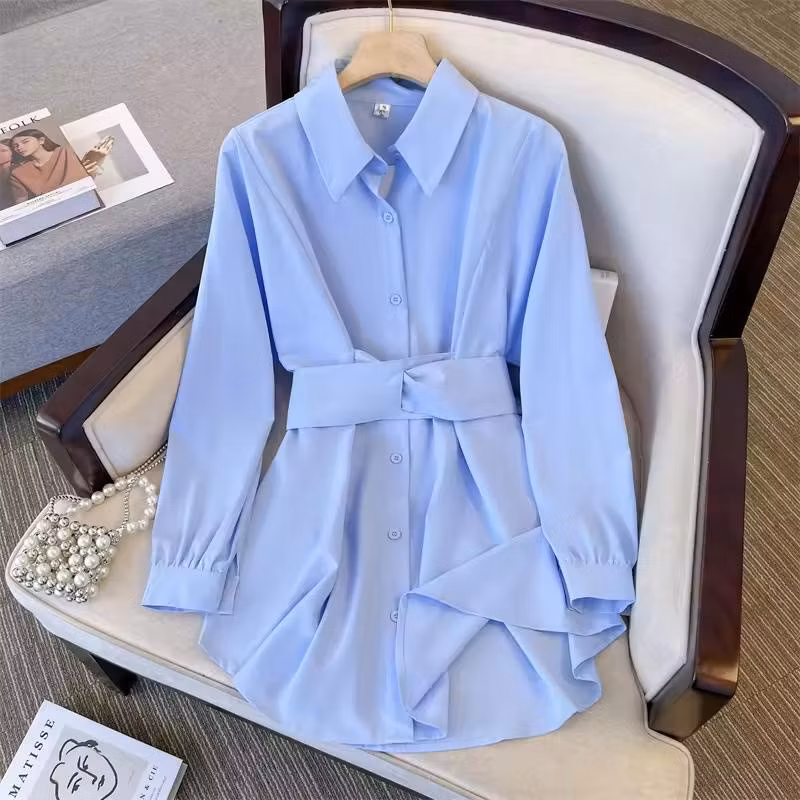 Women Long Sleeve Button Waist Strap Solid Color France Style Turn Down Collar Blouse Women′s Shirt