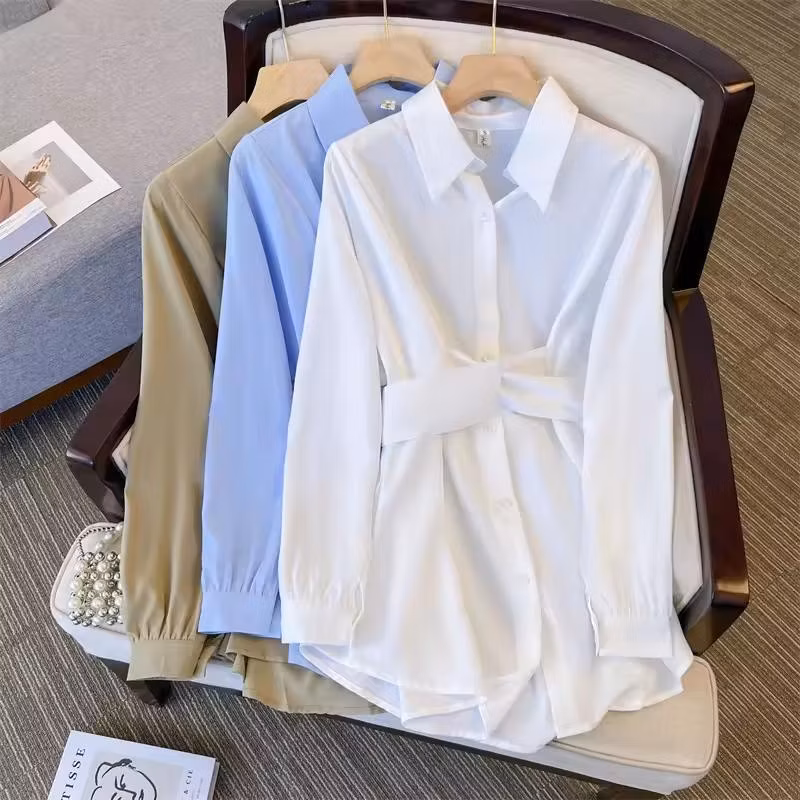 Women Long Sleeve Button Waist Strap Solid Color France Style Turn Down Collar Blouse Women′s Shirt
