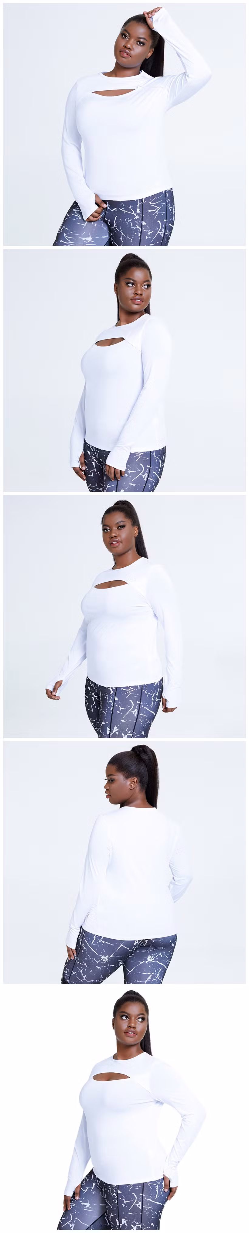 Plus Size Gym Wear Sport Athletic Women L-4XL Fitness Yoga Tops White Jogging Long Sleeve Workout Shirts with Thumb Hole