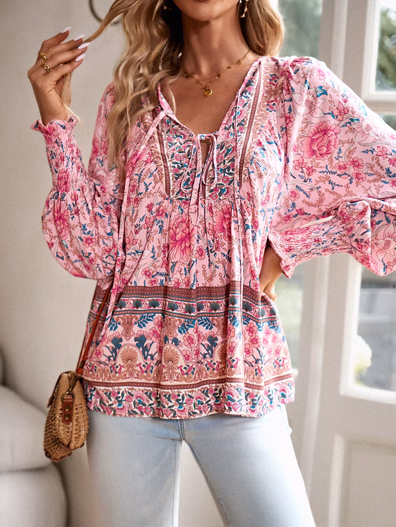 Commuter Casual Vacation V-Neck Tie Printed Shirt Sunscreen Long Sleeve Top