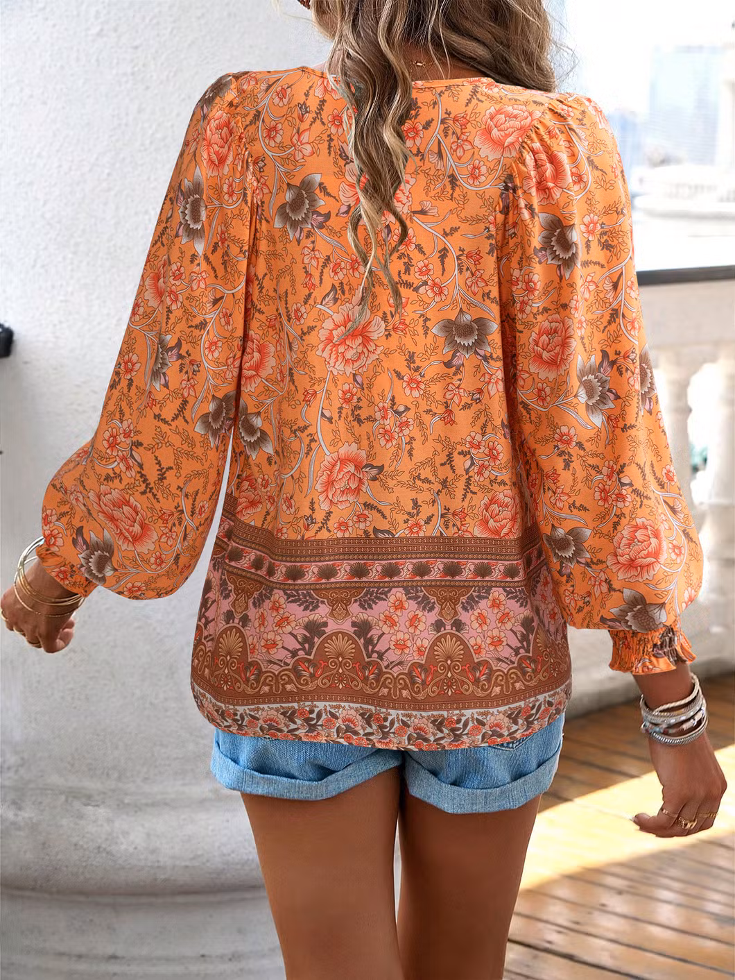 Commuter Casual Vacation V-Neck Tie Printed Shirt Sunscreen Long Sleeve Top