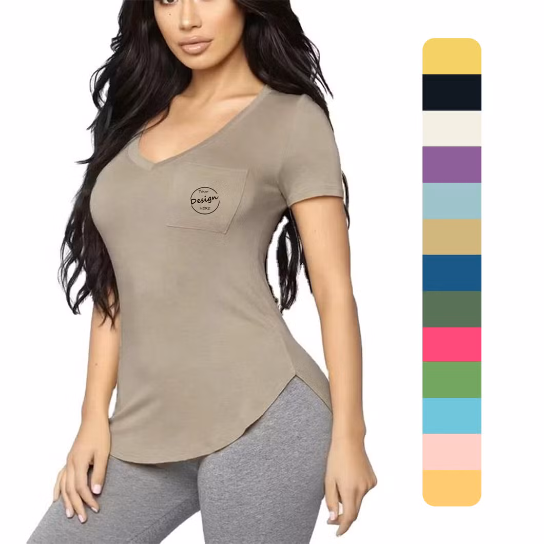 Wholesale Lightweight Deep V-Neck Curve Hem Style Casual Pocket Sports Women Girl′s T-Shirts Custom Logo