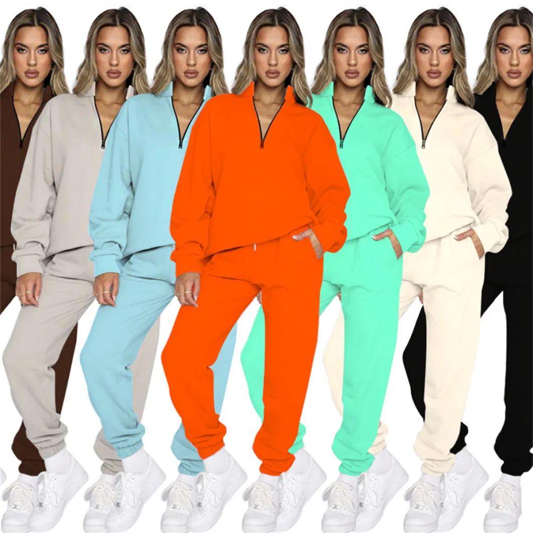 SJ-W231148 Solid color stand-up collar zip-up long-sleeved hoodie two-piece fashion pantsuit